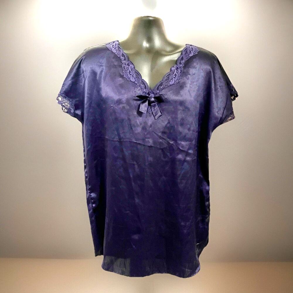 VTG 80s Victoria's Secret Satin Lace Trim Nightgown Blue Short Sleeve V-Neck M